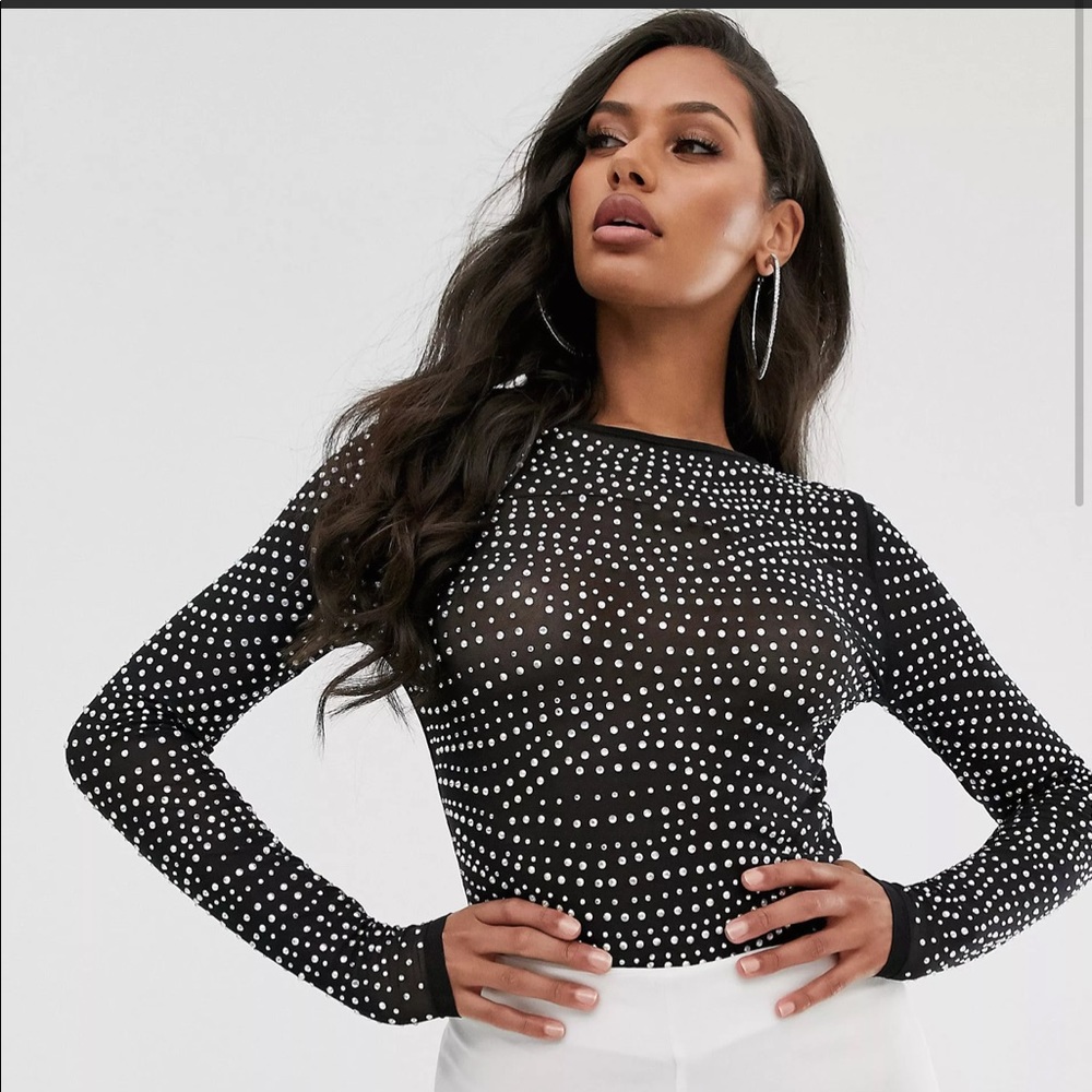 ASOS DESIGN long sleeve mesh top with crystal studs
